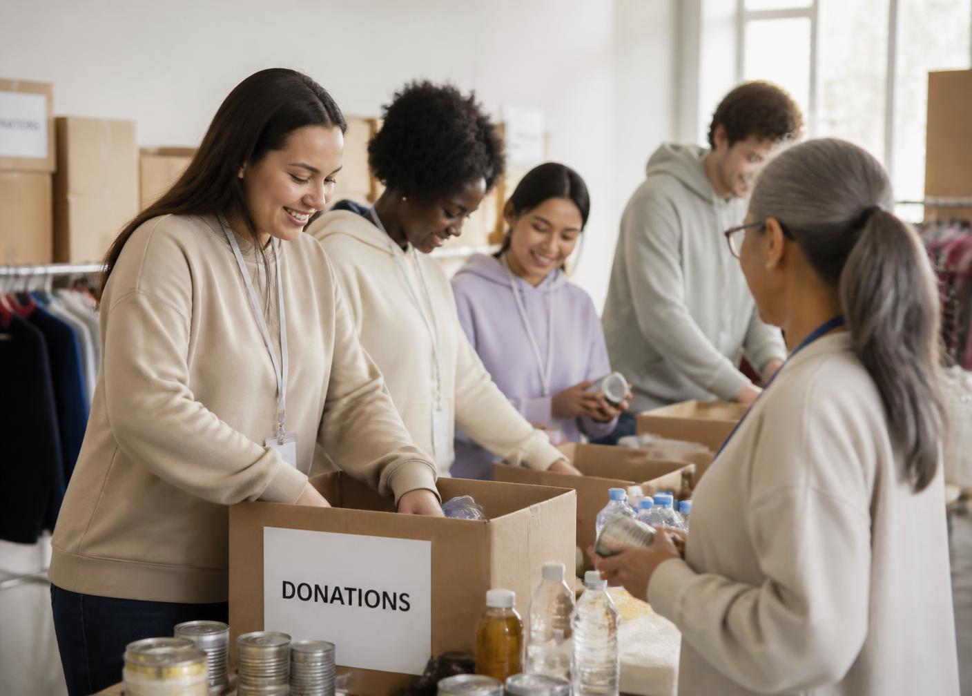 Volunteers smiling as they pack donation boxes at a community center