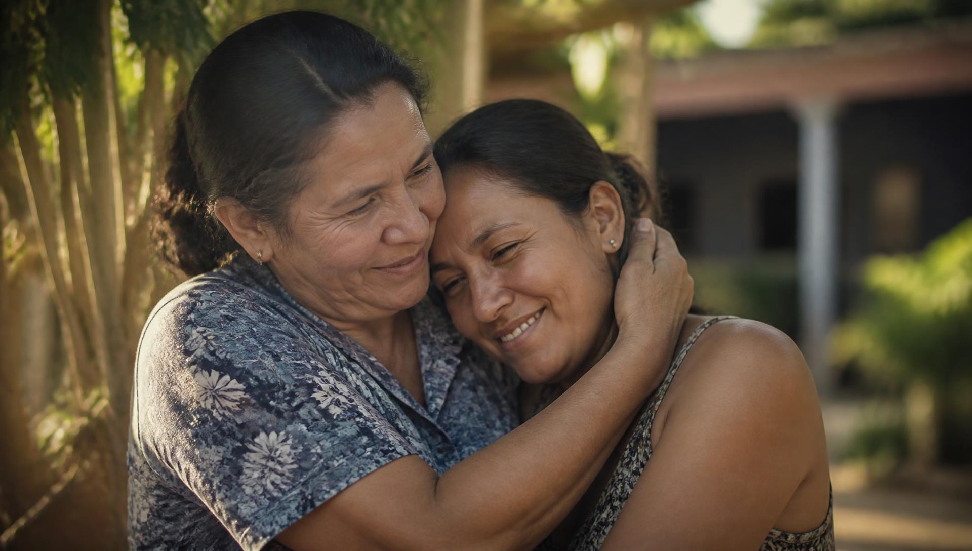 Two women embracing supportively in warm afternoon light