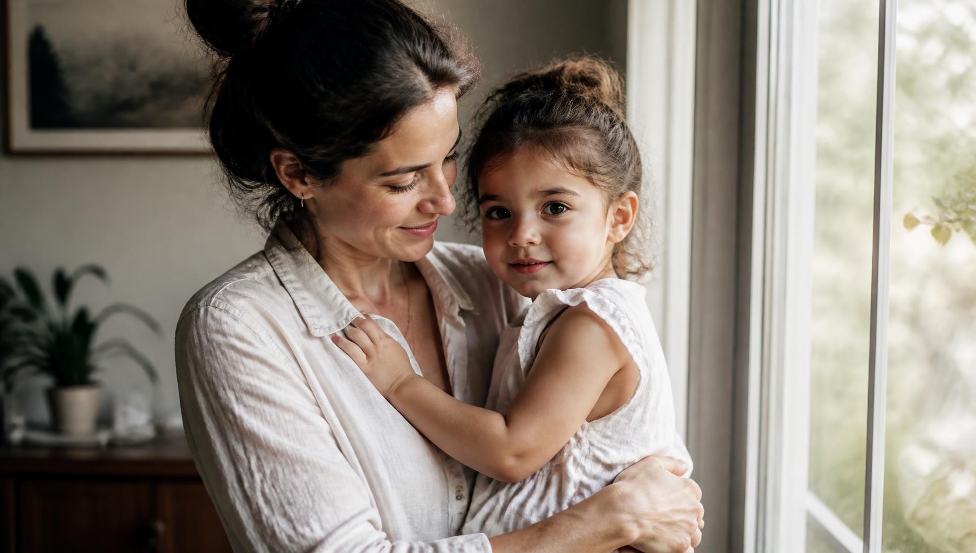 A mother holding her young daughter beside a bright window at home
