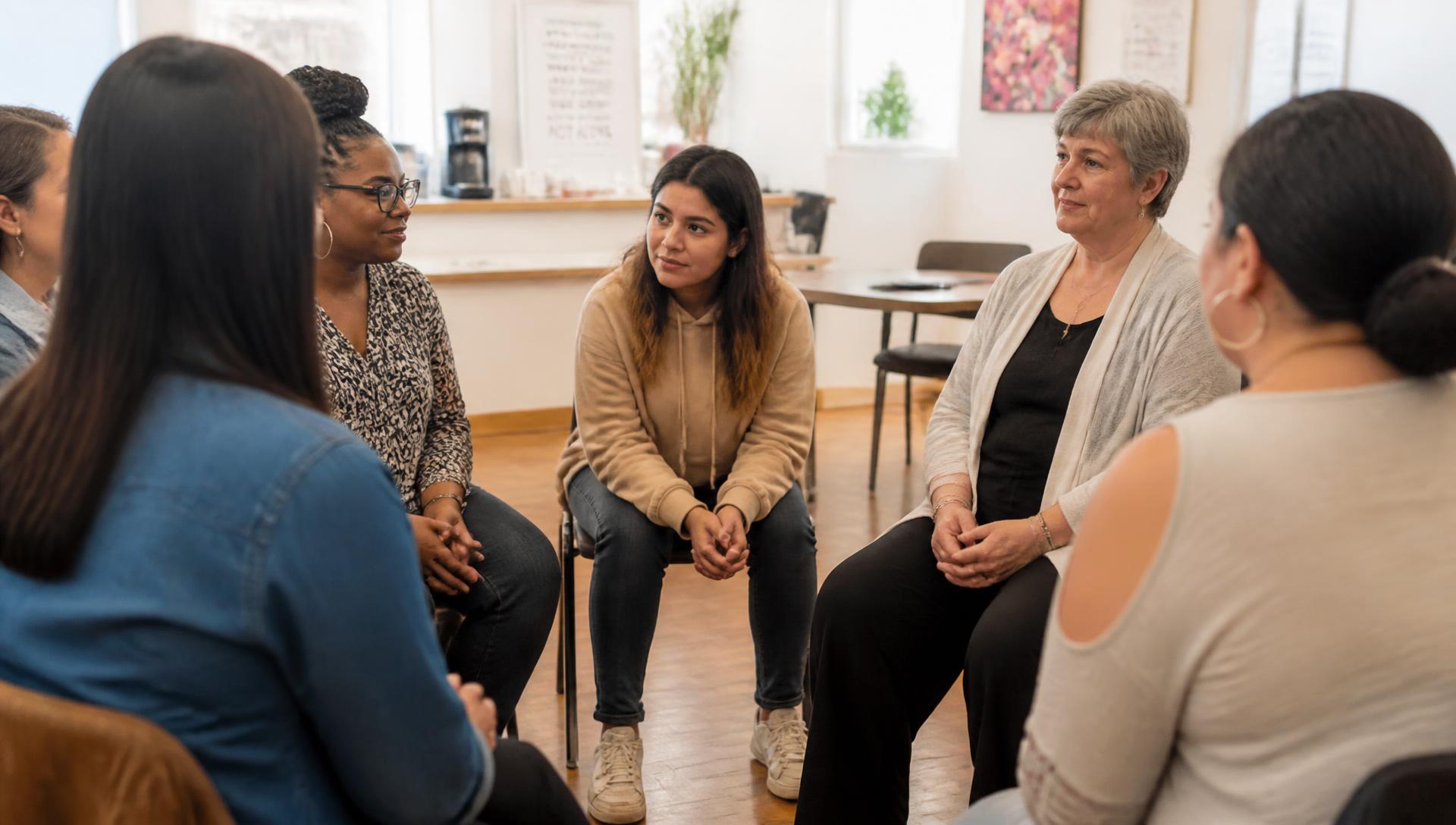 A women's support group sitting together in a bright community room