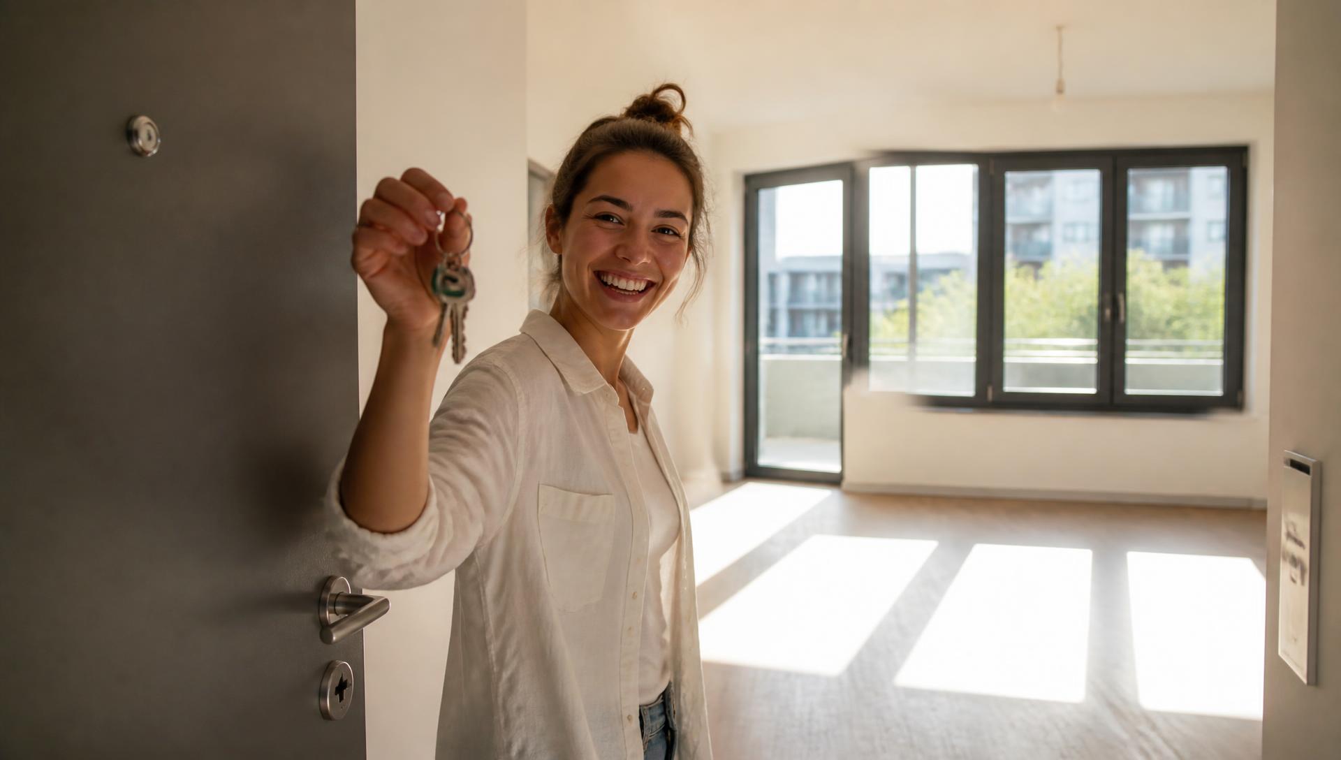 A woman holding the keys to her bright new apartment