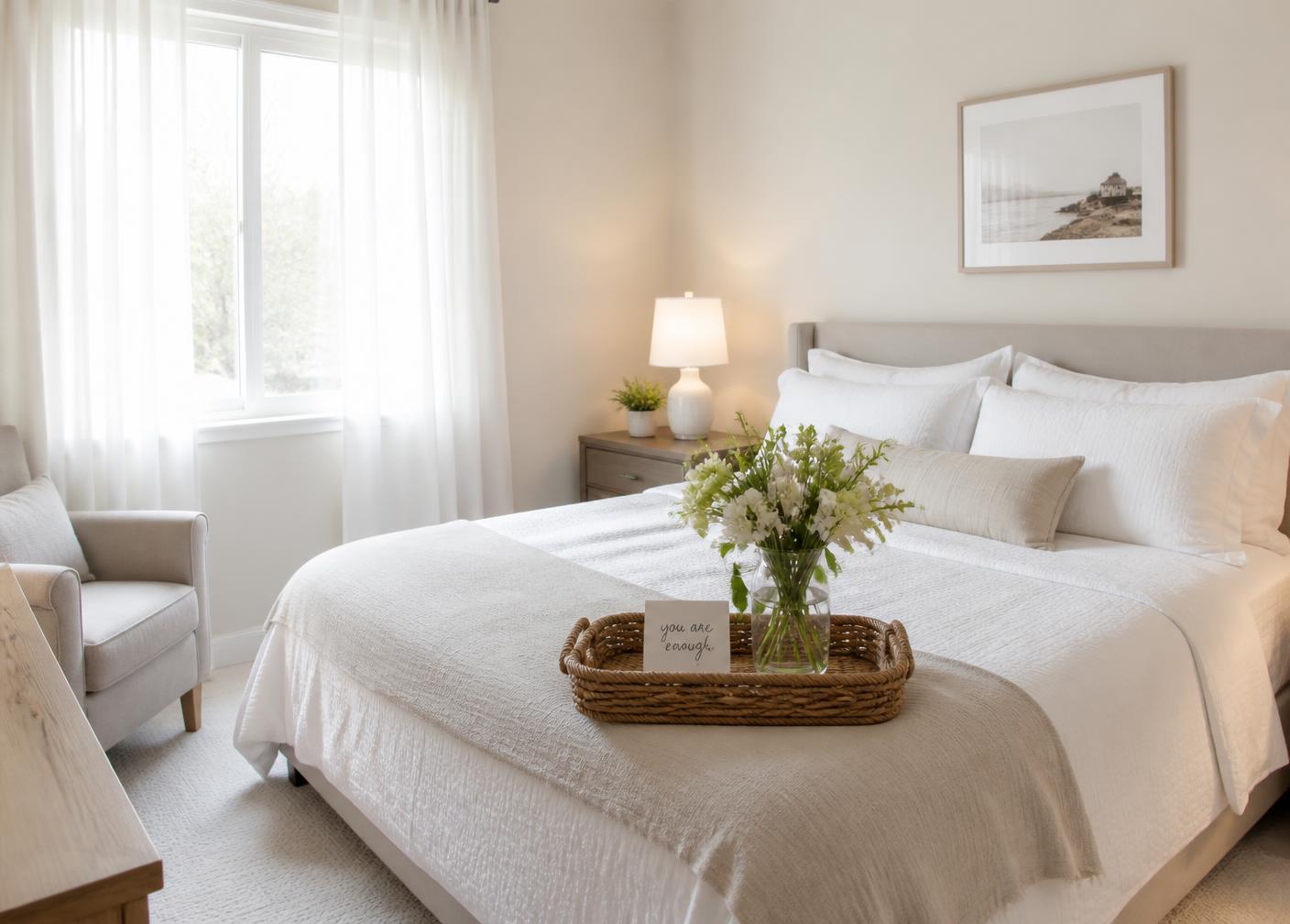 A peaceful, welcoming bedroom in a Rise Haven transitional home